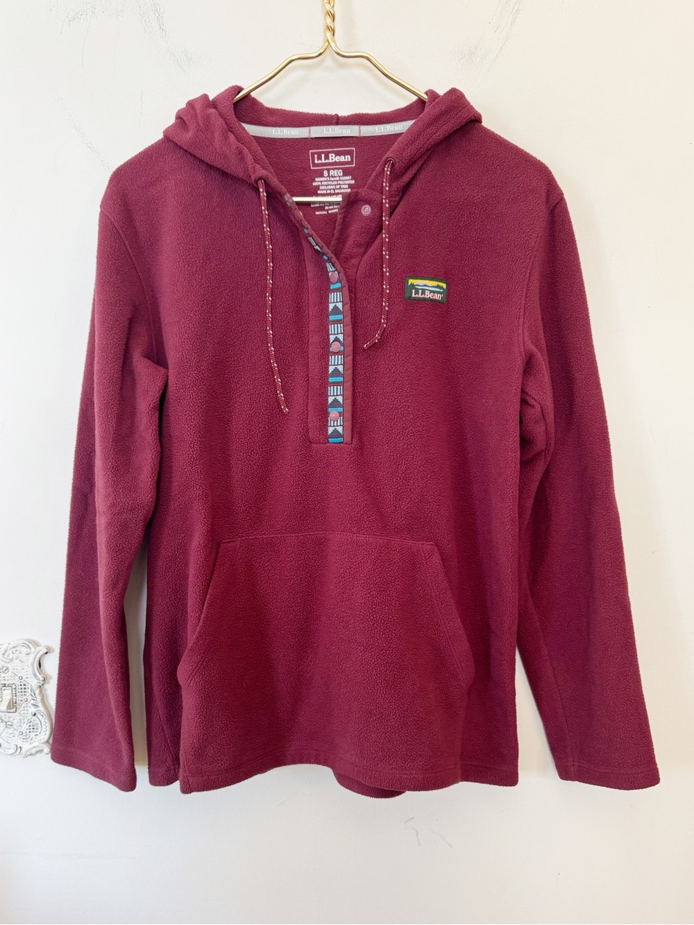 LL Bean Burgundy Aztec Trail Half Snap Fleece Hoodie S